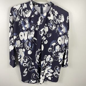 Escada Blouse Top Womens Size US 10 EU 40 Mock Neck Back Zip Navy White Stretch